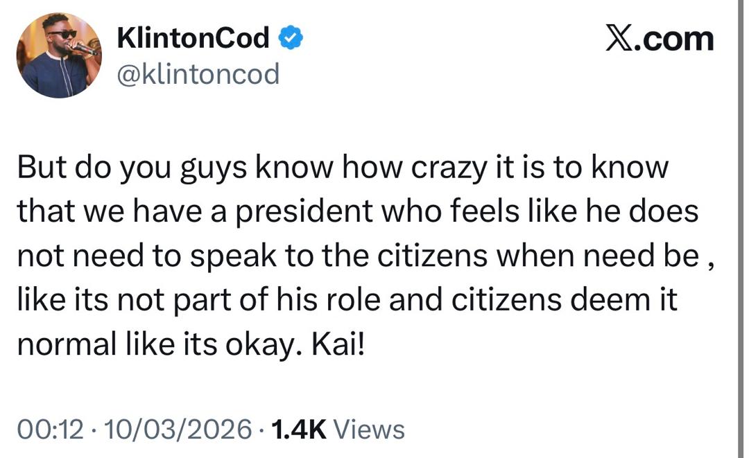 State of the Nation: Comedian KlintonCod calls out President Tinubu over his failure to address Nigerians